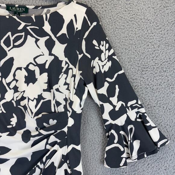 Ralph Lauren Sheath Dress Gray Floral Ruched Stretch V Neck Artsy Classic Career - Picture 3 of 10